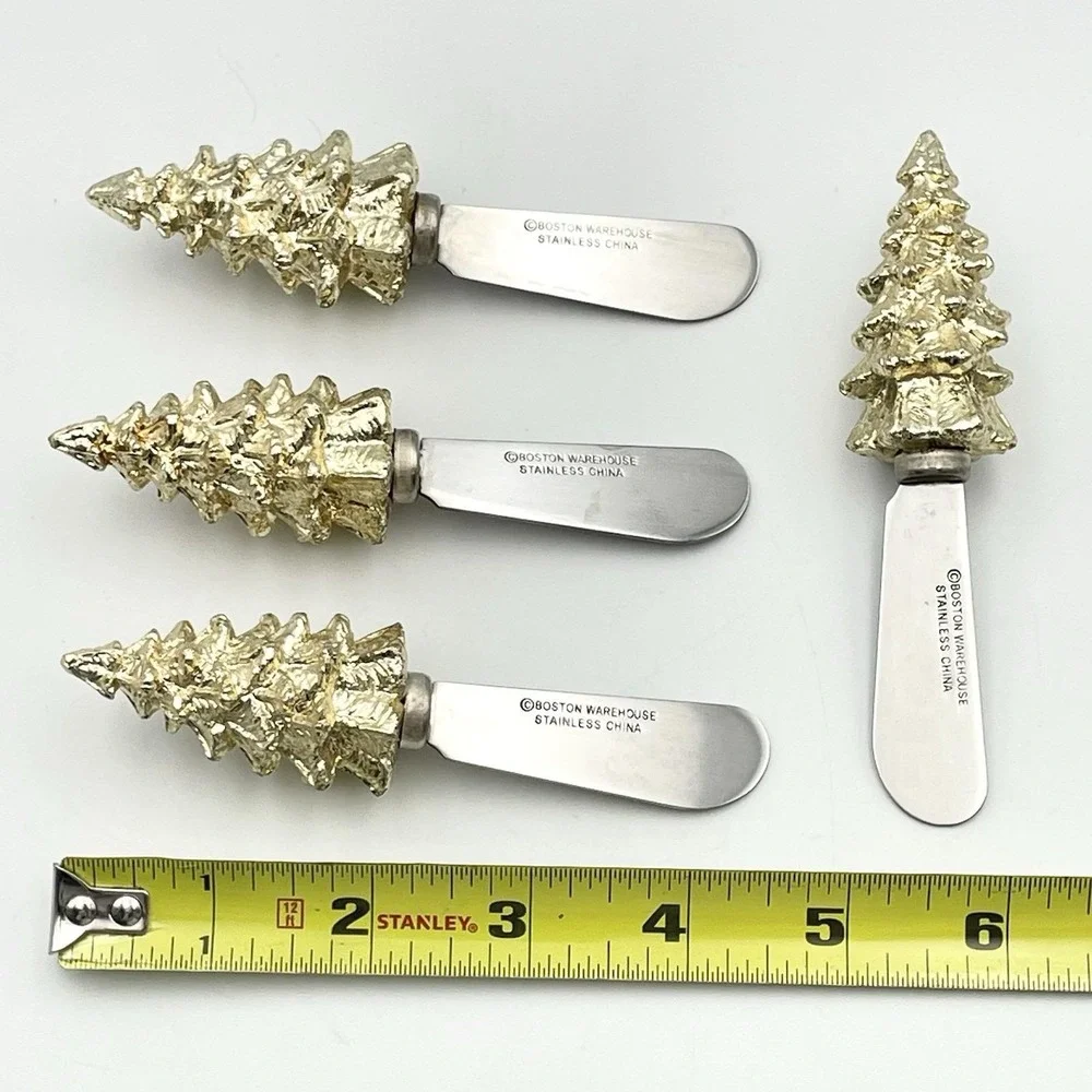 Vintage‎ 1990s Boston Warehouse Gold Christmas Tree Cheese Spreaders Set of 4